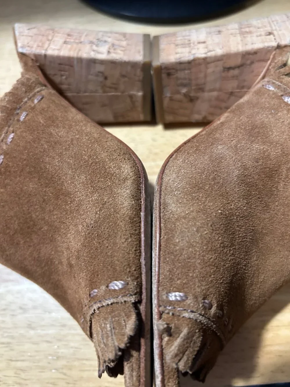Womens Tory Burch Huntington Brown Fringed Suede Cork Block Heeled Sandals 7.5